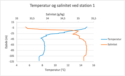 Herunder ses i grafen over salinitet og temperatur, at springlaget ligger mellem 5 og 15 meters dybde, hvor temperaturen falder fra 14,8 °C til 11,4 °C samtidig med at saliniteten stiger fra 33,3 g/kg til 35 g/kg. Det er således tydeligt, at det det køligere og mere saltholdige vand ligger under det varmere ferske vand.