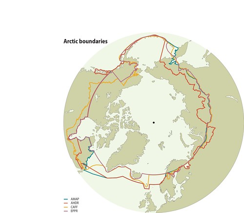 Kort over Arktis med de forskellige afgrænsninger, som Arktisk Råds arbejdsgrupper arbejder med. Kilde: GRID-Arendal (https://www.grida.no/resources/8387).  