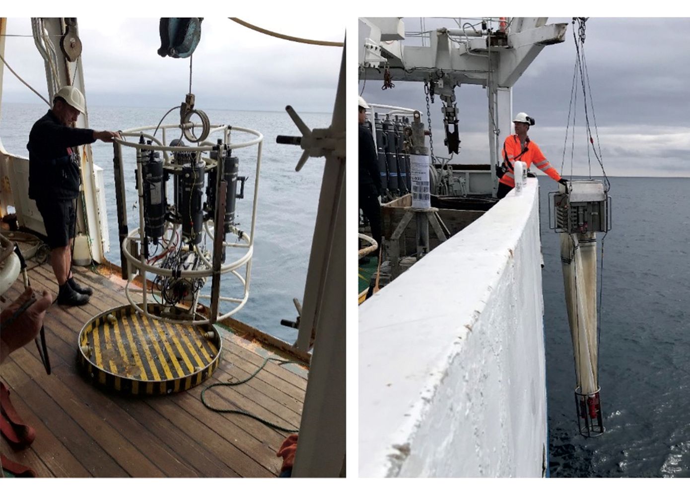 Figur 3. Data i figur 2 stammer fra målinger med CTD-måler, der ses på det første billede. Der blev også indsamlet dyreplankton i forskellige vanddybder ved hjælp af en række planktonnet, der hver er forbundet med et opsamlingsrør. Nettene åbner først ved den dybde, man har programmeret dem til at åbne ved. Nogle resultater for dyreplankton ses i tabel 1. Fotos: Marie Eiland.