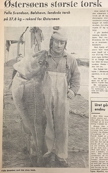 Omkring 70erne voksede interessen og muligheden for at fiske målrettet efter store torsk for alvor. Her ses Palle Svendsen fra Bornholm som har fanget en 27.8 kg tung torsk. Bornholms Tidende den 28. januar 1974.