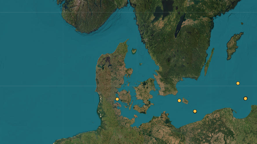 De to danske bøjer – den ene i Bælthavet, den anden vest for Bornholm. Udsnit af screenshot d. 20. juni 2025 fra https://dataselection.euro-argo.eu/. For et aktuelt kort se https://fleetmonitoring.euro-argo.eu/dashboard?Status=Active&Country=Denmark. 