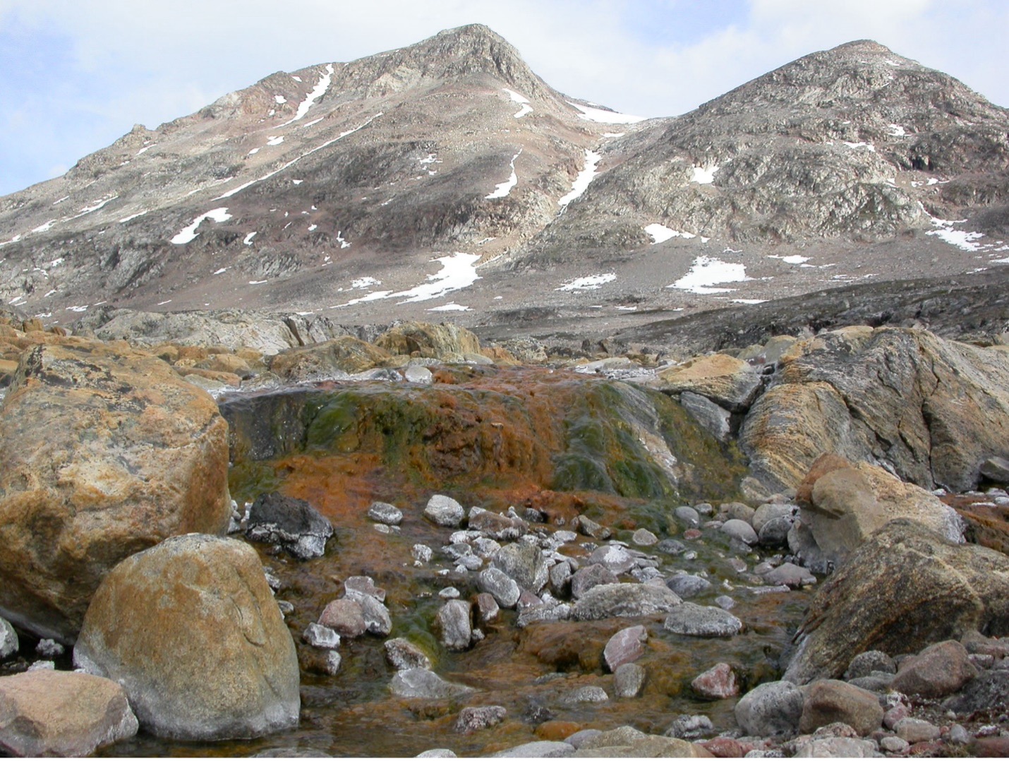 Tykke orange-grønne biofilm vokser i 50-55 grader varmt vand i en varm kilde i Nørrefjord, Liverpool Land, Østgrønand (Foto: Michael Kühl; fra Kühl og Colgan, 2025).