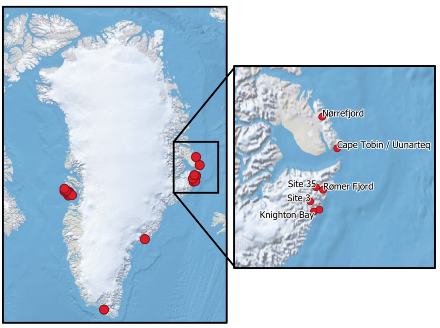 Der findes varme kilder både i Vestgrønland, især på Disko øen, i Sydgrønland, samt i Østgrønland. De varmeste kilder findes på Liverpool Land (Nørrefjord og Kap Tobin) og Blosseville Kyst (Rømer Fjord/Qalaattiviip Kangersiva og Knighton Bugt) hhv. nord og syd for det store Scoresbysund fjordkompleks. Her når kildevandet temperaturer på 55-62 grader i kildernes udspring. Kilde: Michael Kühl.
