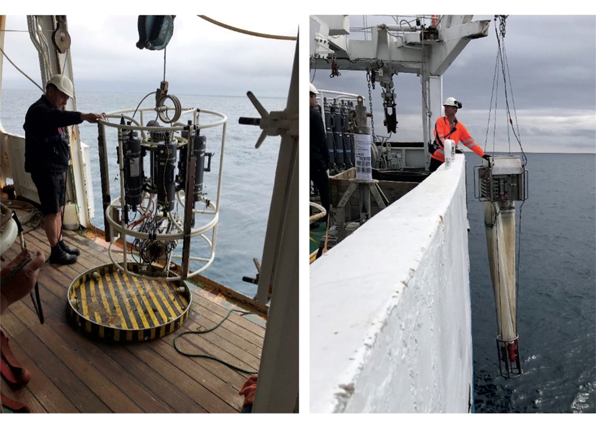 Figur 3. Data i figur 2 stammer fra målinger med CTD-måler, der ses på det første billede. Der blev også indsamlet dyreplankton i forskellige vanddybder ved hjælp af en række planktonnet, der hver er forbundet med et opsamlingsrør. Nettene åbner først ved den dybde, man har programmeret dem til at åbne ved. Nogle resultater for dyreplankton ses i tabel 1. Fotos: Marie Eiland.